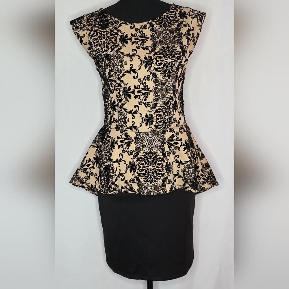 Iris Los Angeles Black & Cream Peplum Dress | Lace Back | Elegant Fitted Mini |